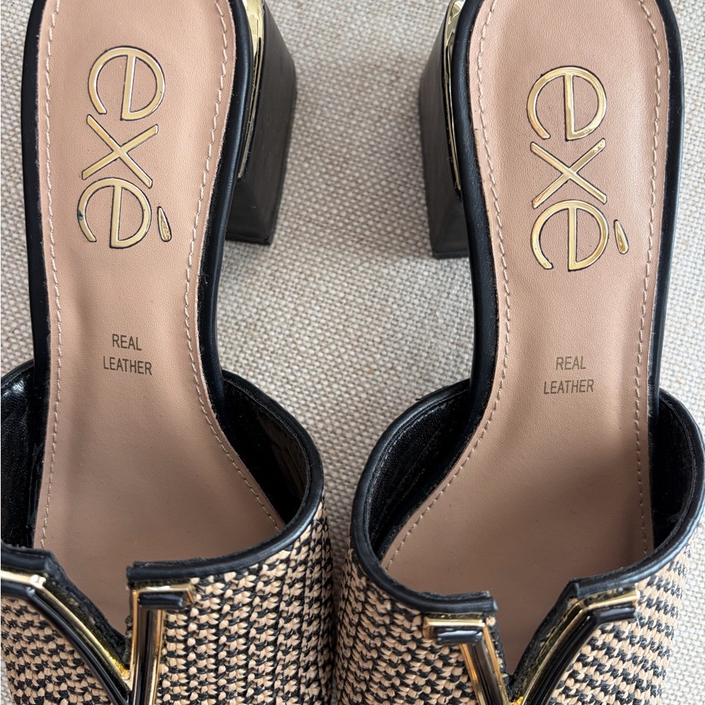 Exé Slide Sandals Leather Designer - women’s size 7 black tan gold - Picture 5 of 7